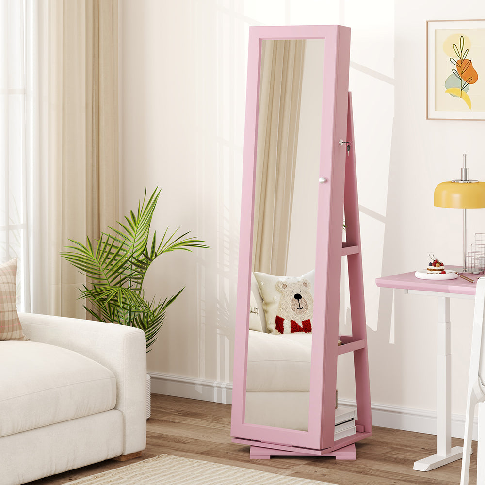 360° Rotatable 2-in-1 Lockable Jewelry Cabinet with Full-Length Mirror-Pink - Gallery View 1 of 9
