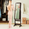 Full-length lockable mirrored jewelry cabinet in brown with LED lights, perfect for organizing accessories in style.