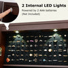 Lockable mirrored jewelry cabinet with LED lights, brown finish, showcasing organized rings and accessories in velvet.