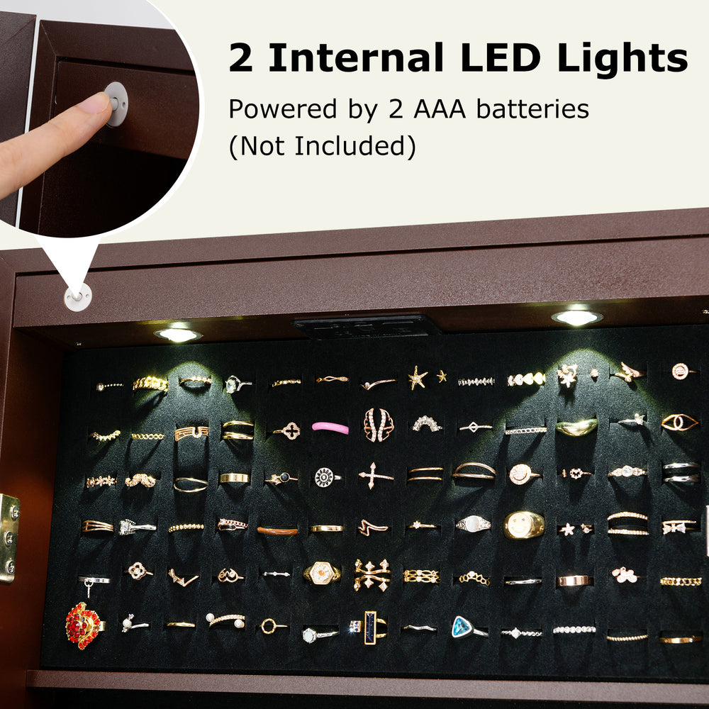 Lockable mirrored jewelry cabinet with LED lights, brown finish, showcasing organized rings and accessories in velvet.