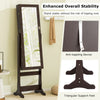Lockable mirrored jewelry cabinet in brown with LED lights, featuring a full-length mirror and sturdy MDF construction.