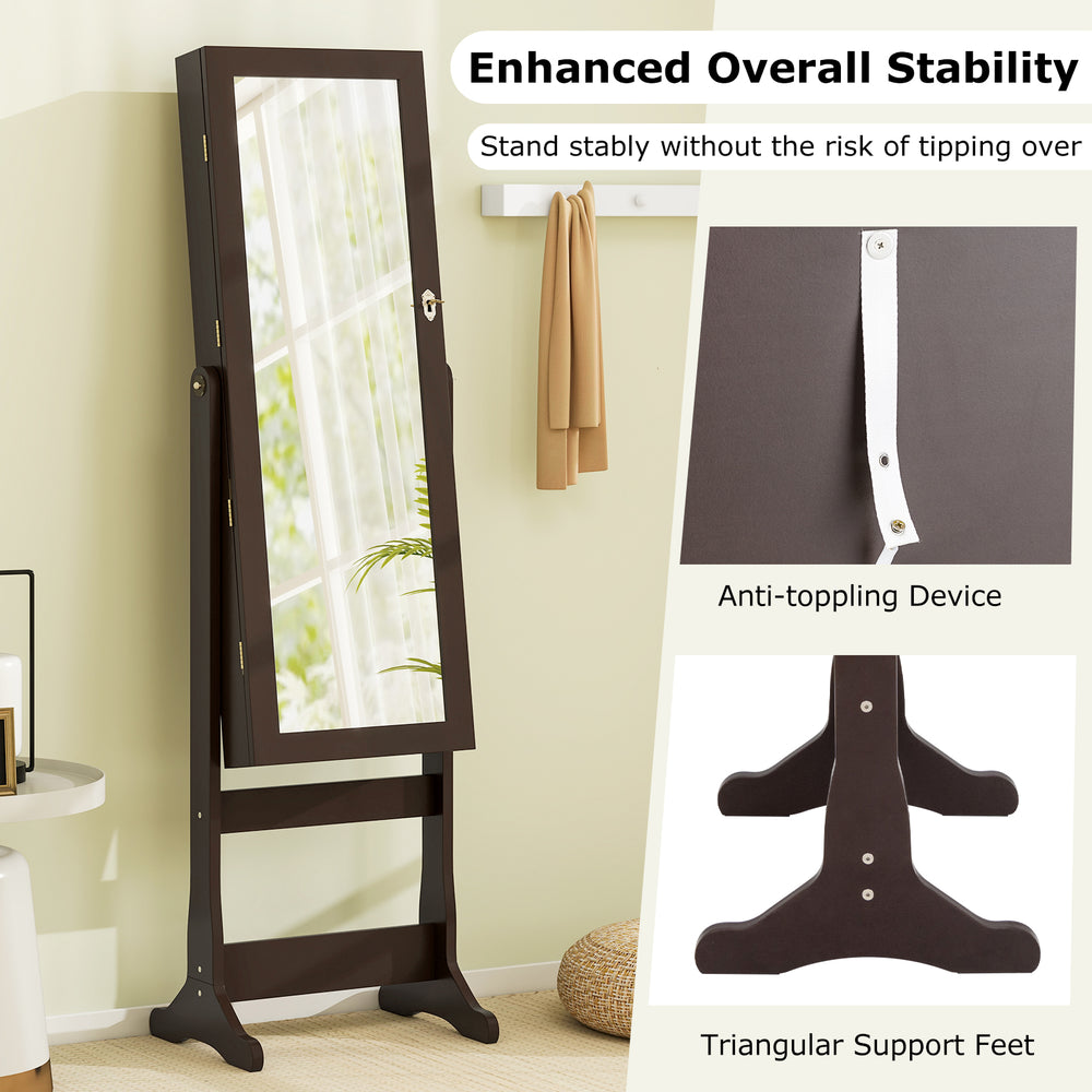 Lockable mirrored jewelry cabinet in brown with LED lights, featuring a full-length mirror and sturdy MDF construction.