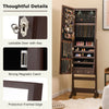Lockable jewelry cabinet with mirror, LED lights, and strong magnetic catch for organized storage in brown MDF.