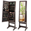 Lockable mirrored jewelry cabinet in brown with LED lights, featuring ample storage for rings, necklaces, and bracelets.