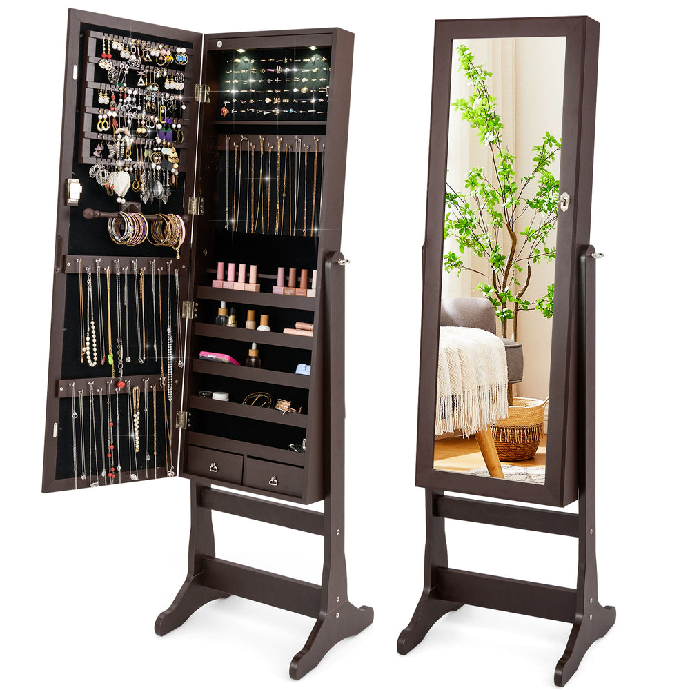 Lockable mirrored jewelry cabinet in brown with LED lights, featuring ample storage for rings, necklaces, and bracelets.