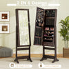 Lockable brown jewelry cabinet with full-length mirror and LED lights, featuring organized storage for rings and.