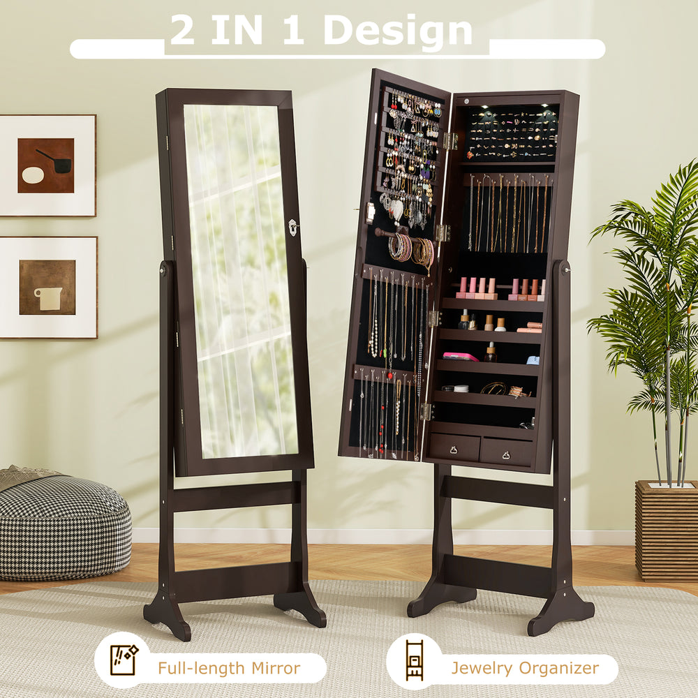 Lockable brown jewelry cabinet with full-length mirror and LED lights, featuring organized storage for rings and.