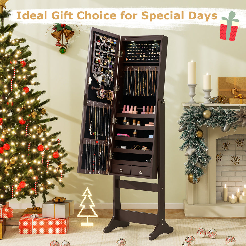 Lockable mirrored jewelry cabinet in brown with LED lights, featuring ample storage for rings and necklaces, ideal for.
