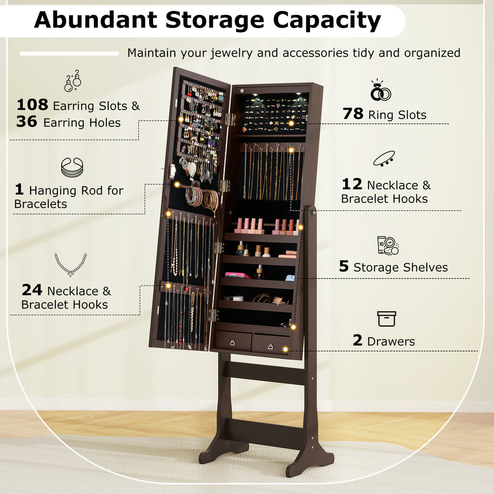 Lockable brown mirrored jewelry cabinet with LED lights, featuring 108 earring holes and multiple storage compartments.