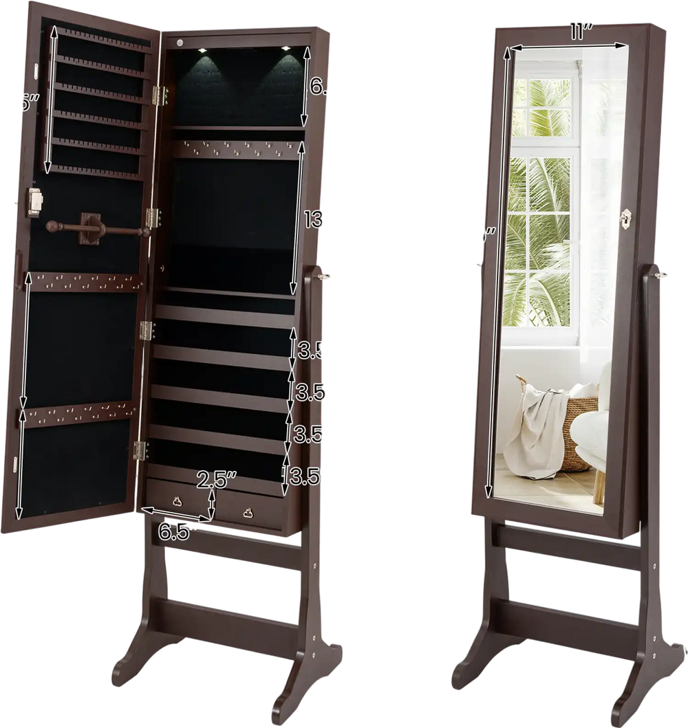 Lockable mirrored jewelry cabinet with LED lights, brown MDF finish, featuring multiple compartments for organized.