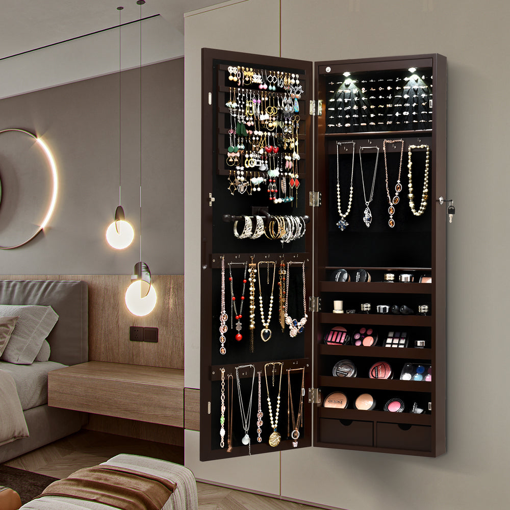Lockable Wall Mount Mirrored Jewelry Cabinet with LED Lights-Brown - Gallery View 1 of 10