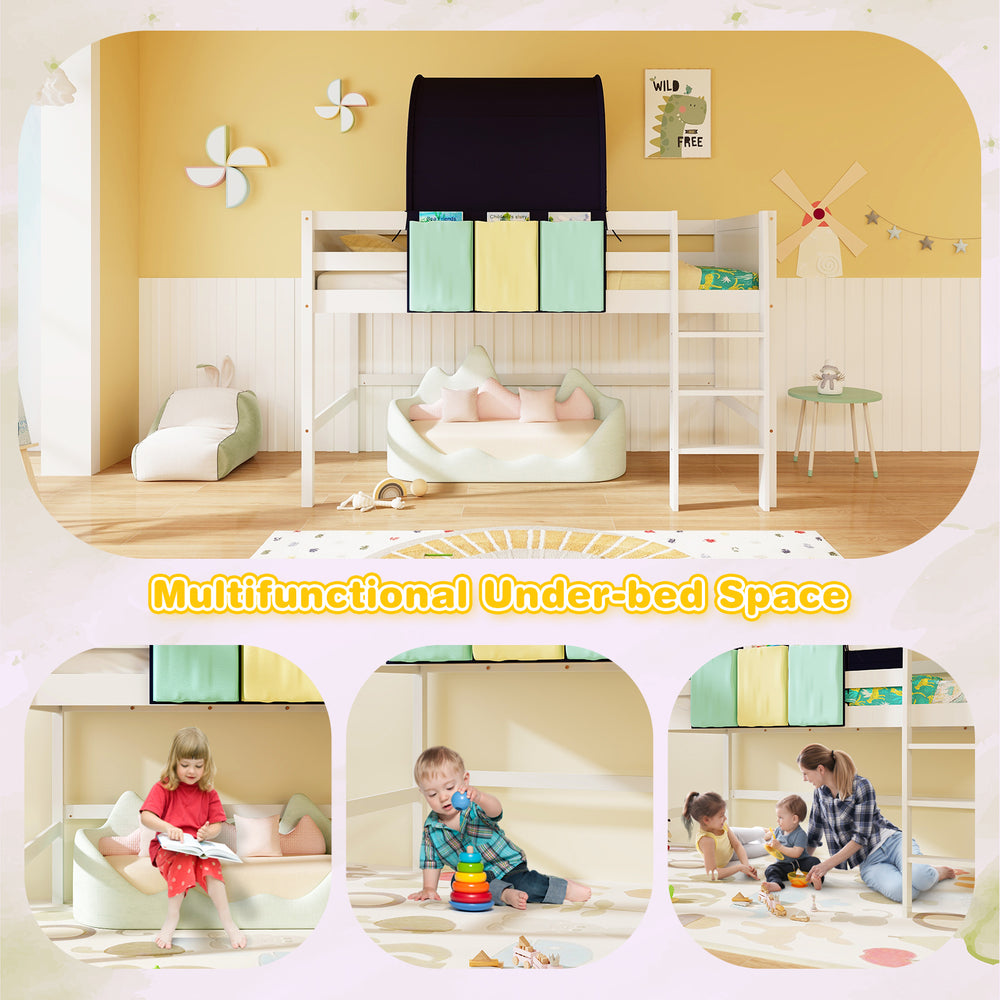 Twin size loft bed with tower tent and storage pockets, featuring a versatile under-bed space for play and study.
