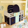 Twin size loft bed with navy tower tent, storage pockets, and dimensions for kids' play and sleep space.