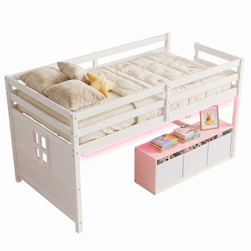 Loft bed with adjustable lights, removable fabric drawers, and safety guardrails for a fun and organized sleeping space.