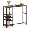 Rustic brown bar table with spacious tabletop and two storage shelves, ideal for a home bar or dining area.