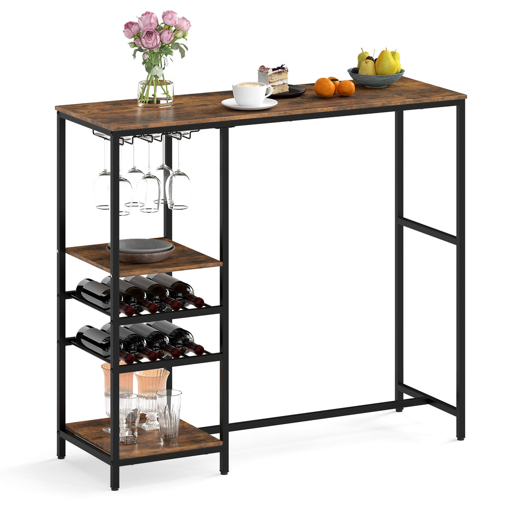 Rustic brown bar table with spacious tabletop and two storage shelves, ideal for a home bar or dining area.