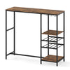 Rustic brown bar height dining table with storage shelves, wine racks, and stemware holders for versatile use.