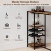 Long bar table in rustic brown with storage shelves, wine racks for 8 bottles, and stemware holders for versatile use.