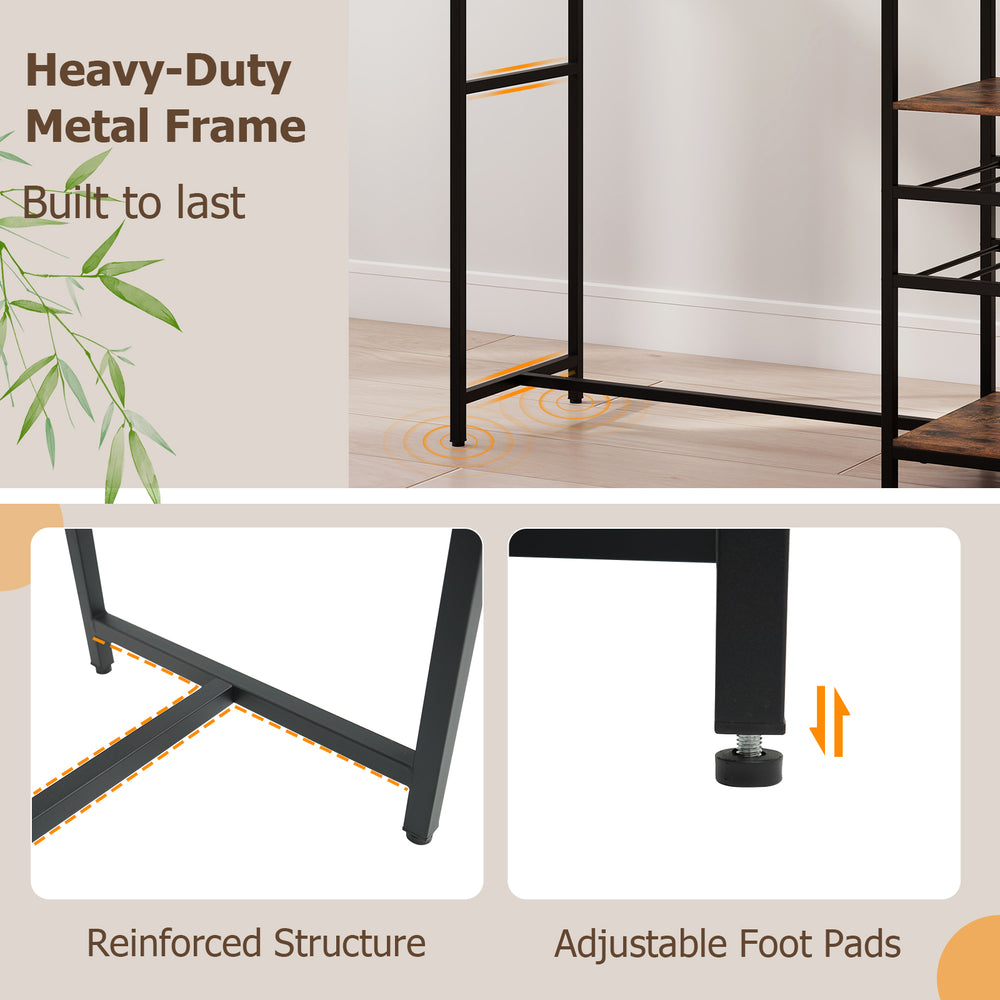 Heavy-duty metal frame of the rustic brown bar table with adjustable foot pads for enhanced stability and support.