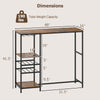 Long bar table in rustic brown with storage shelves, wine racks, and stemware holders for versatile use.