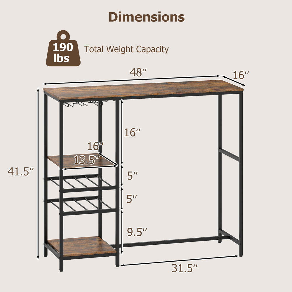 Long bar table in rustic brown with storage shelves, wine racks, and stemware holders for versatile use.