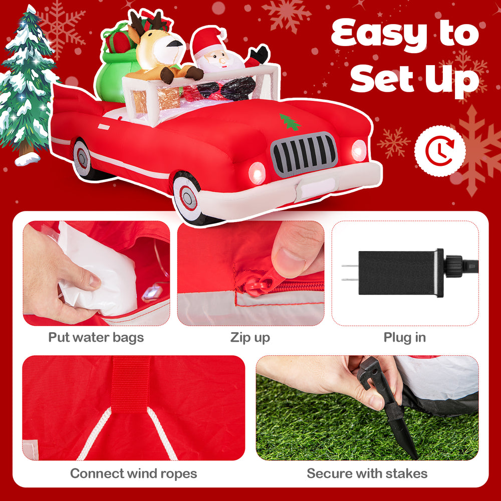 Inflatable Santa Claus and reindeer in a red car with gift bag, featuring 9 LED lights for festive outdoor decor.