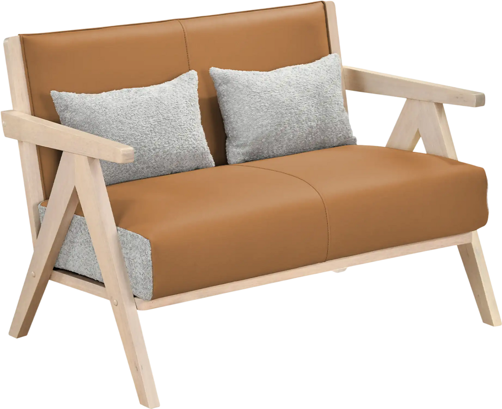 Loveseat sofa with brown artificial leather and gray chenille pillows, rubber wood frame, ideal for small spaces.