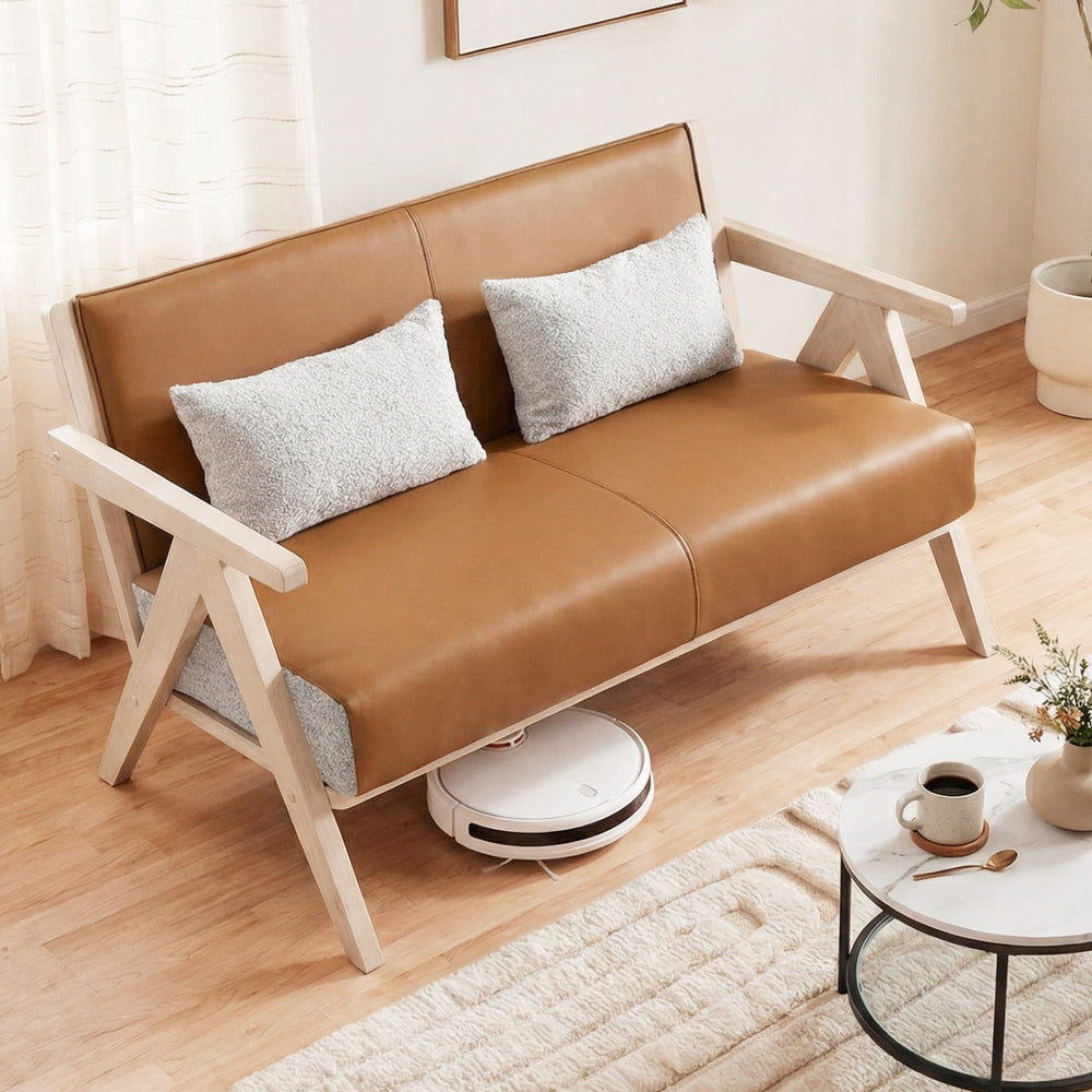 Loveseat Sofa for Small Spaces with Throw Pillows Rubber Wood Frame Padded Seat-Brown - Gallery View 1 of 10