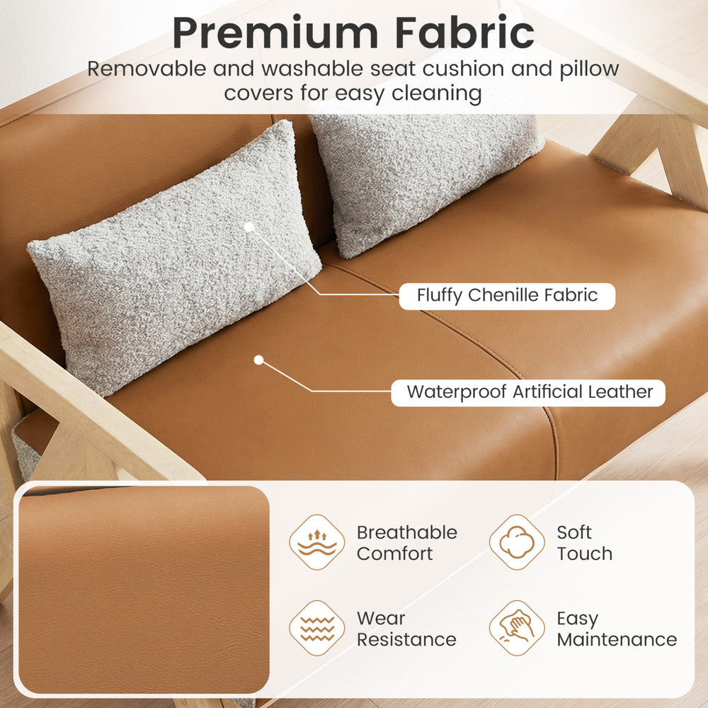 Brown loveseat sofa with removable cushions, rubber wood frame, and soft chenille fabric for small spaces.