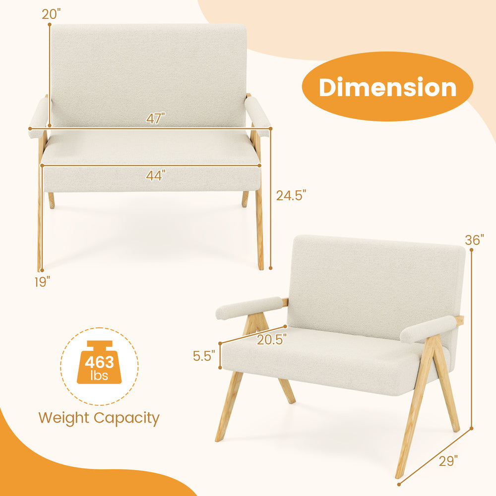 Loveseat sofa with armrests in beige, featuring rubber wood legs and compact dimensions, ideal for small spaces.