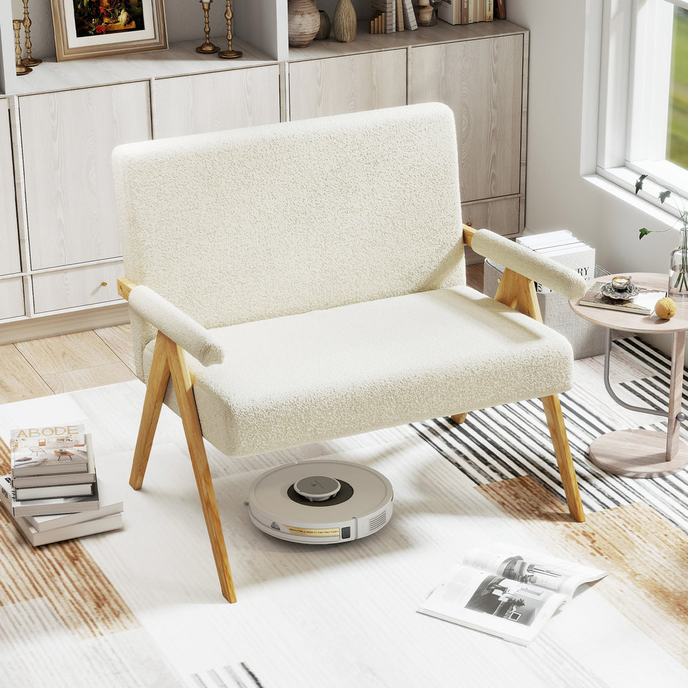 Beige loveseat sofa with armrests and wooden legs, featuring soft sherpa fabric, ideal for small spaces and relaxation.