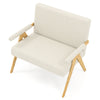 Beige loveseat sofa with armrests, soft sherpa fabric, and rubber wood legs, perfect for small spaces and relaxation.