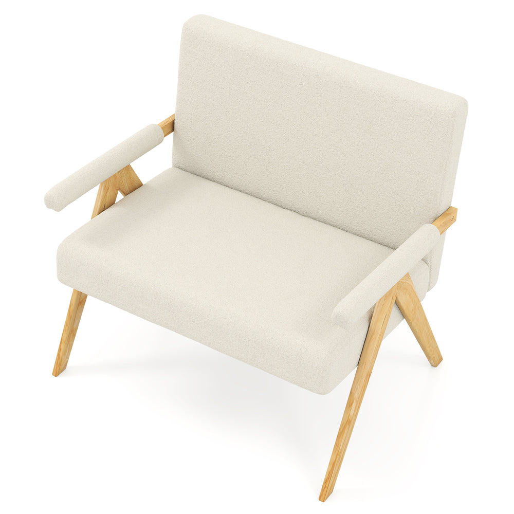 Beige loveseat sofa with armrests, soft sherpa fabric, and rubber wood legs, perfect for small spaces and relaxation.