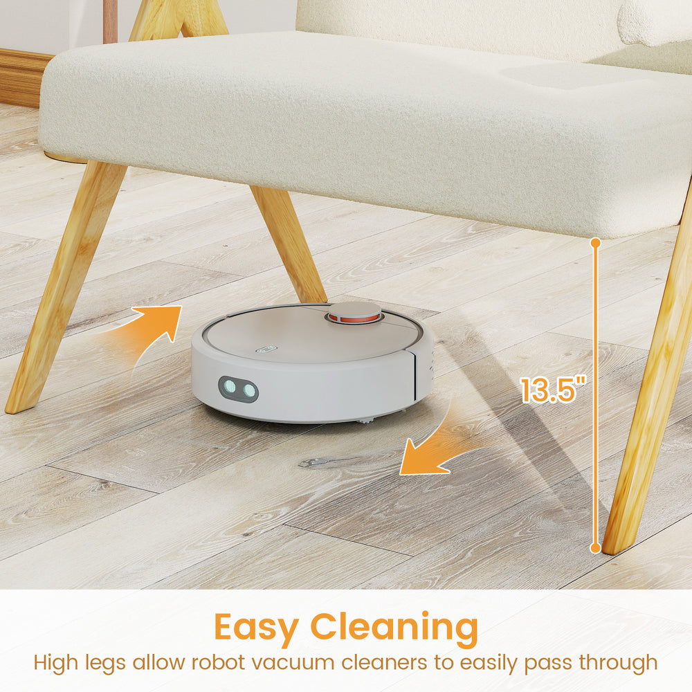 Loveseat sofa in beige with wooden legs, featuring high clearance for easy robot vacuum access in small spaces.