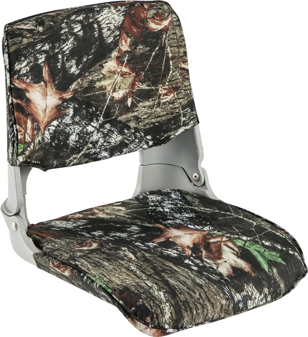 Low back folding padded boat seat in camouflage, featuring waterproof 300D Oxford fabric and ergonomic design for.