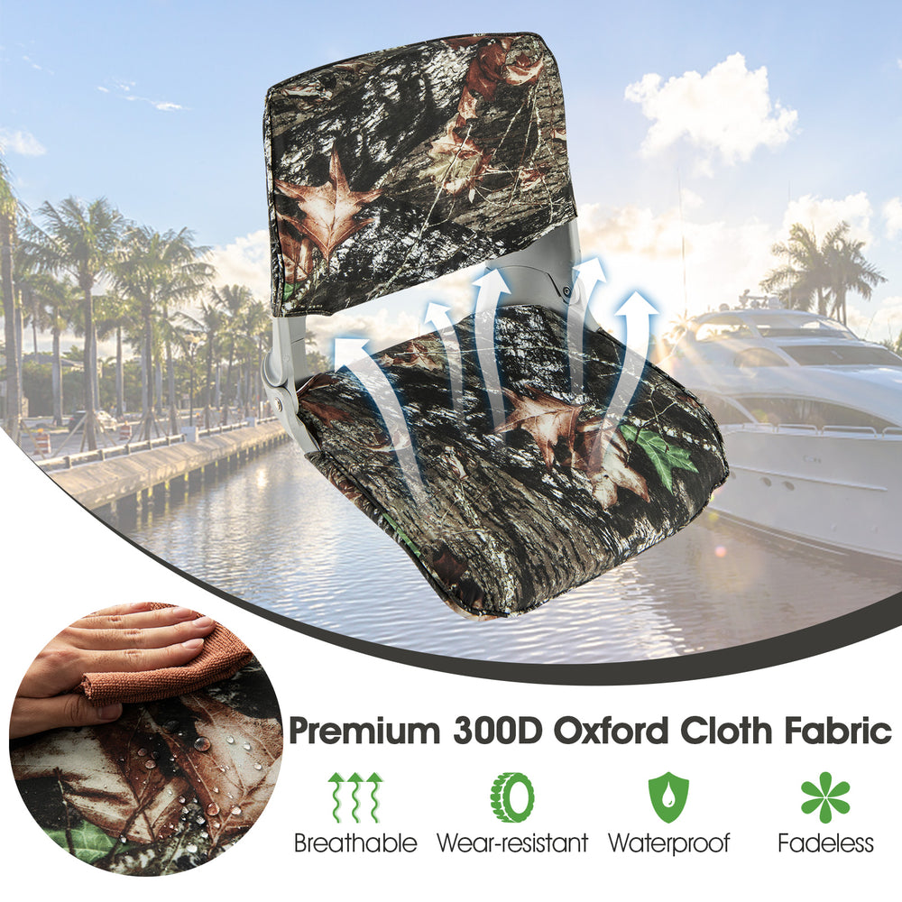 Low back padded boat seat in camouflage with waterproof 300D Oxford fabric, ideal for outdoor adventures and easy.