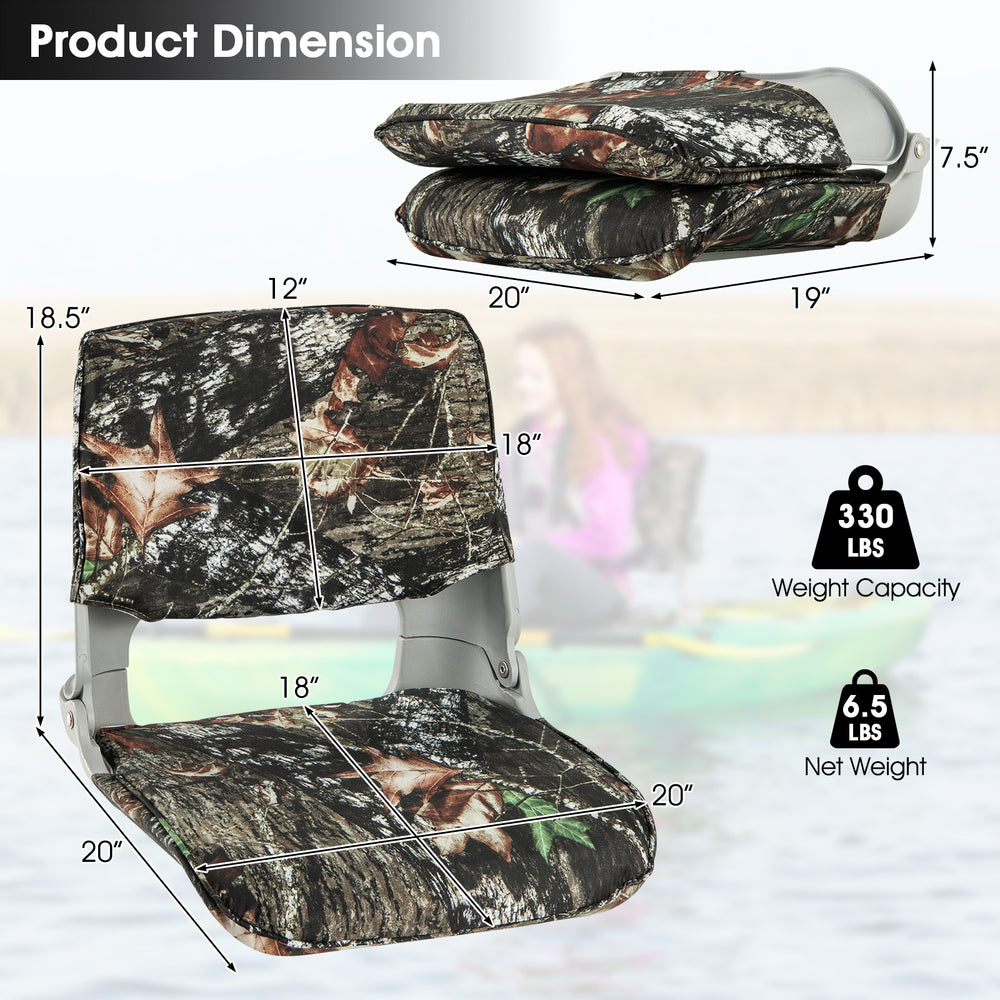 Low back folding padded boat seat in camouflage, featuring waterproof fabric and ergonomic design for outdoor.
