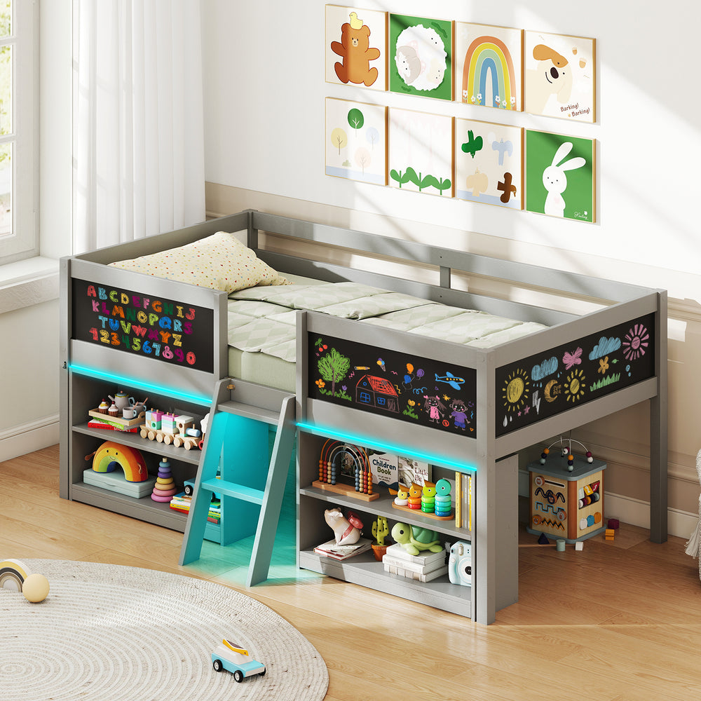 Low Loft Bed with LED Lights Kid's Cabin Bed with Bookcases-Gray - Gallery View 1 of 10