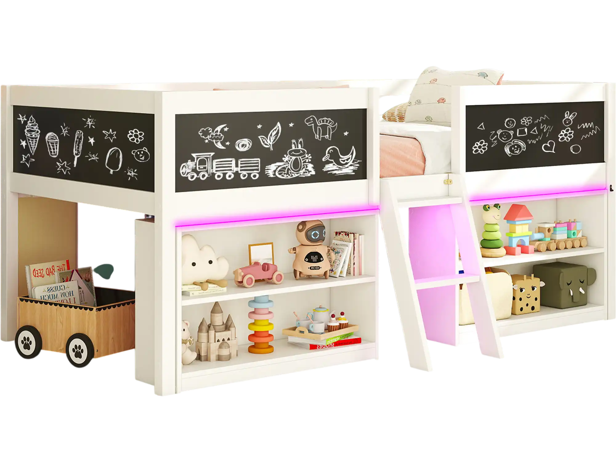 Costway Kids Low Loft Cabin Bed w/ LED Lights & Bookcases White 928364157 New