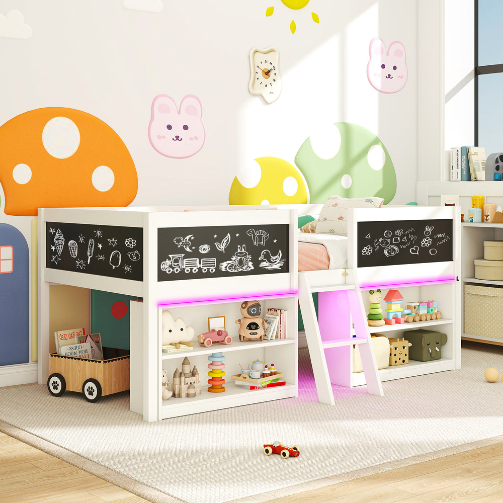 Low Loft Bed with LED Lights Kid's Cabin Bed with Bookcases-White - Gallery View 1 of 10