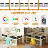 Low loft bed with adjustable LED lights, bookcases, and chalkboards for kids' storage and creativity in white finish.