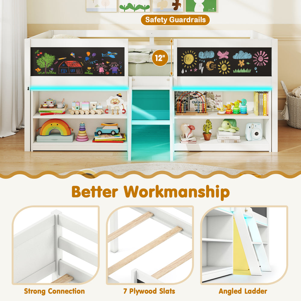 Low loft bed with LED lights, white finish, includes bookcases and storage shelves for kids' organization and play.
