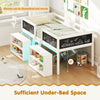 Low loft bed with LED lights and two movable bookcases, featuring under-bed storage space for toys and books.