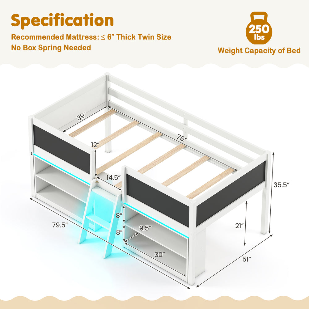 Low loft bed with LED lights, bookcases, and storage shelves in white, designed for kids' rooms and play areas.