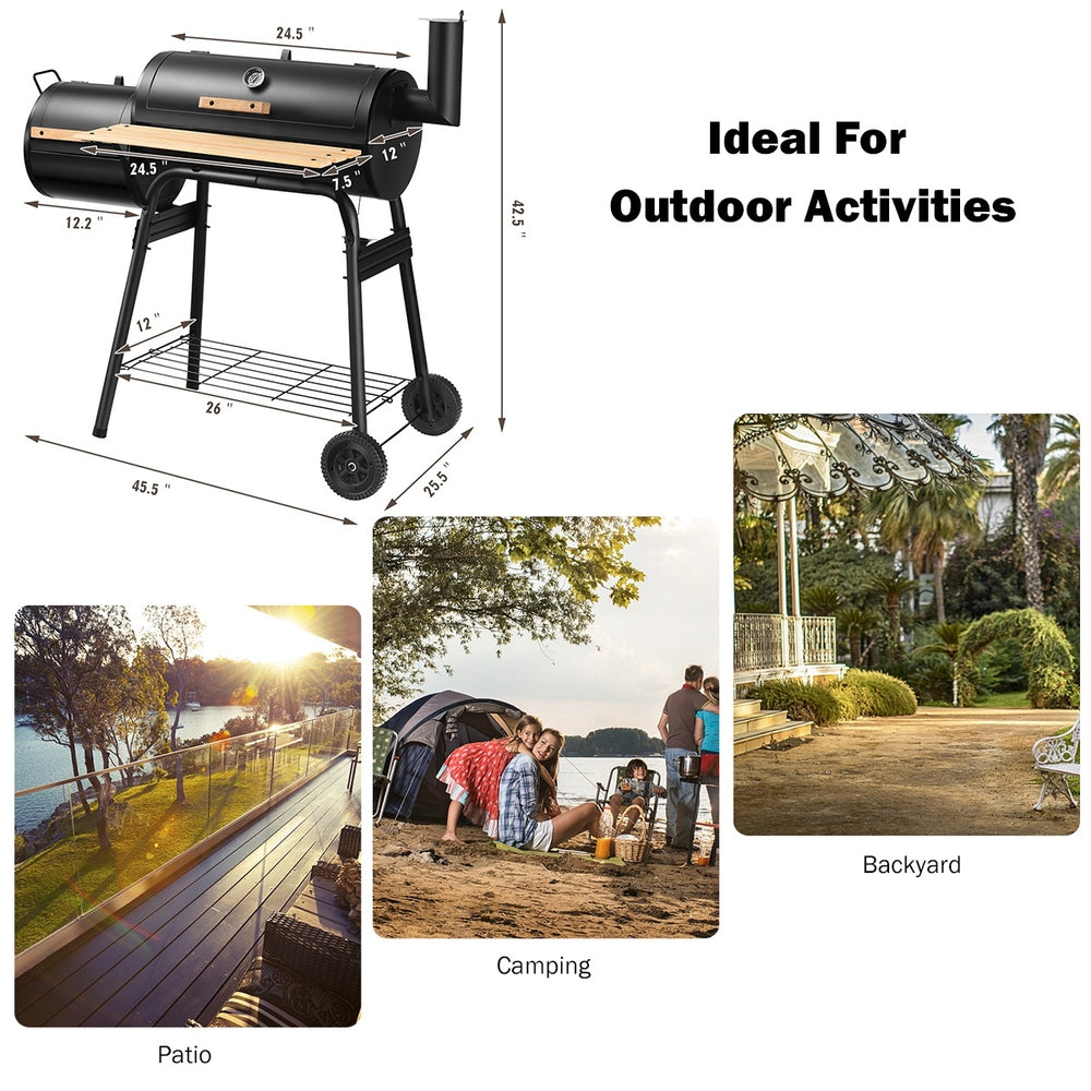 Low Smoke Outdoor BBQ Grill with steel firebox and side shelf, ideal for patio and backyard cooking activities.