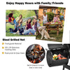 Low Smoke Outdoor BBQ Grill with steel firebox, side shelf, and spacious cooking area for outdoor gatherings.