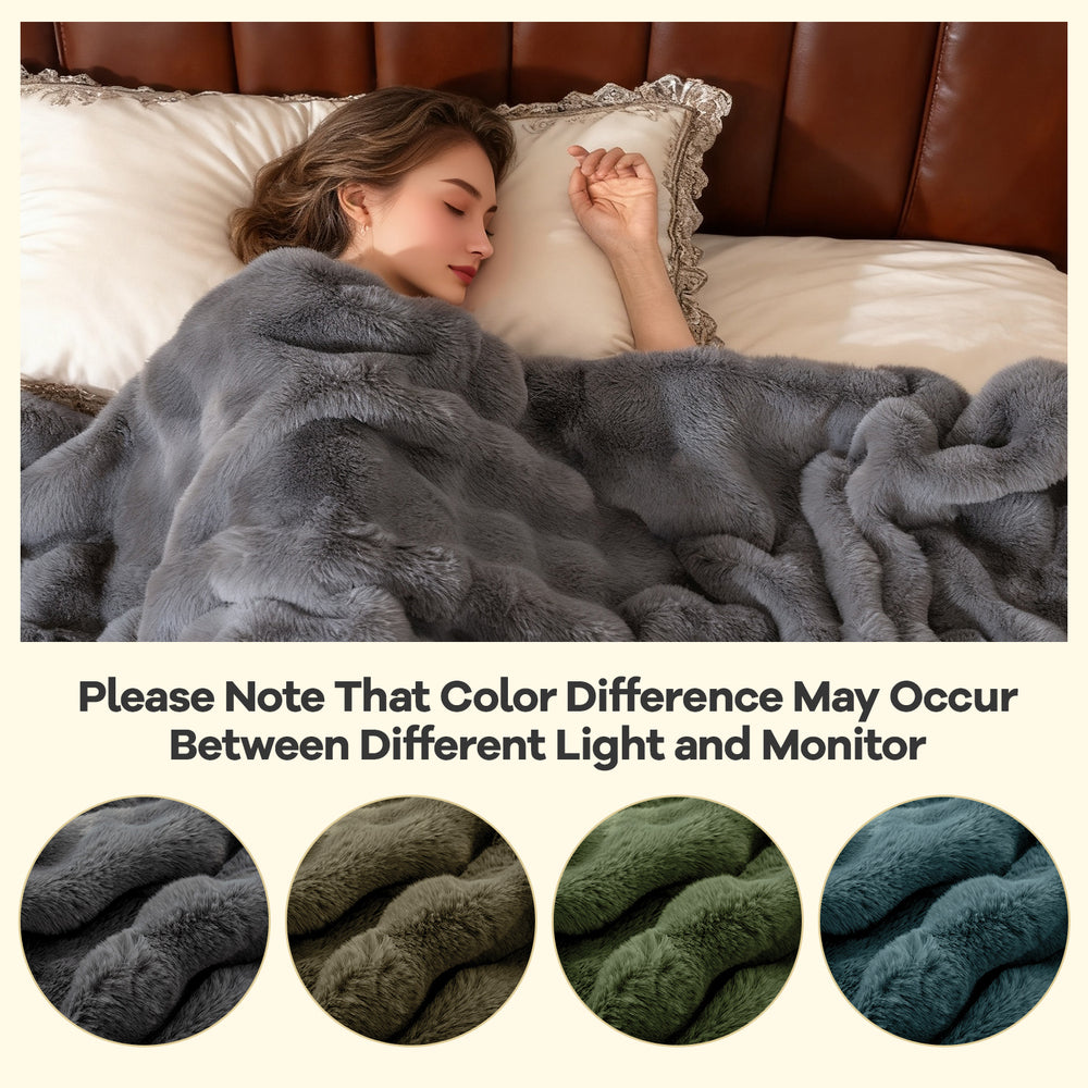 Luxury fuzzy plush rabbit fur bubble blanket in gray, double-sided design, ideal for armchairs and cozy warmth.