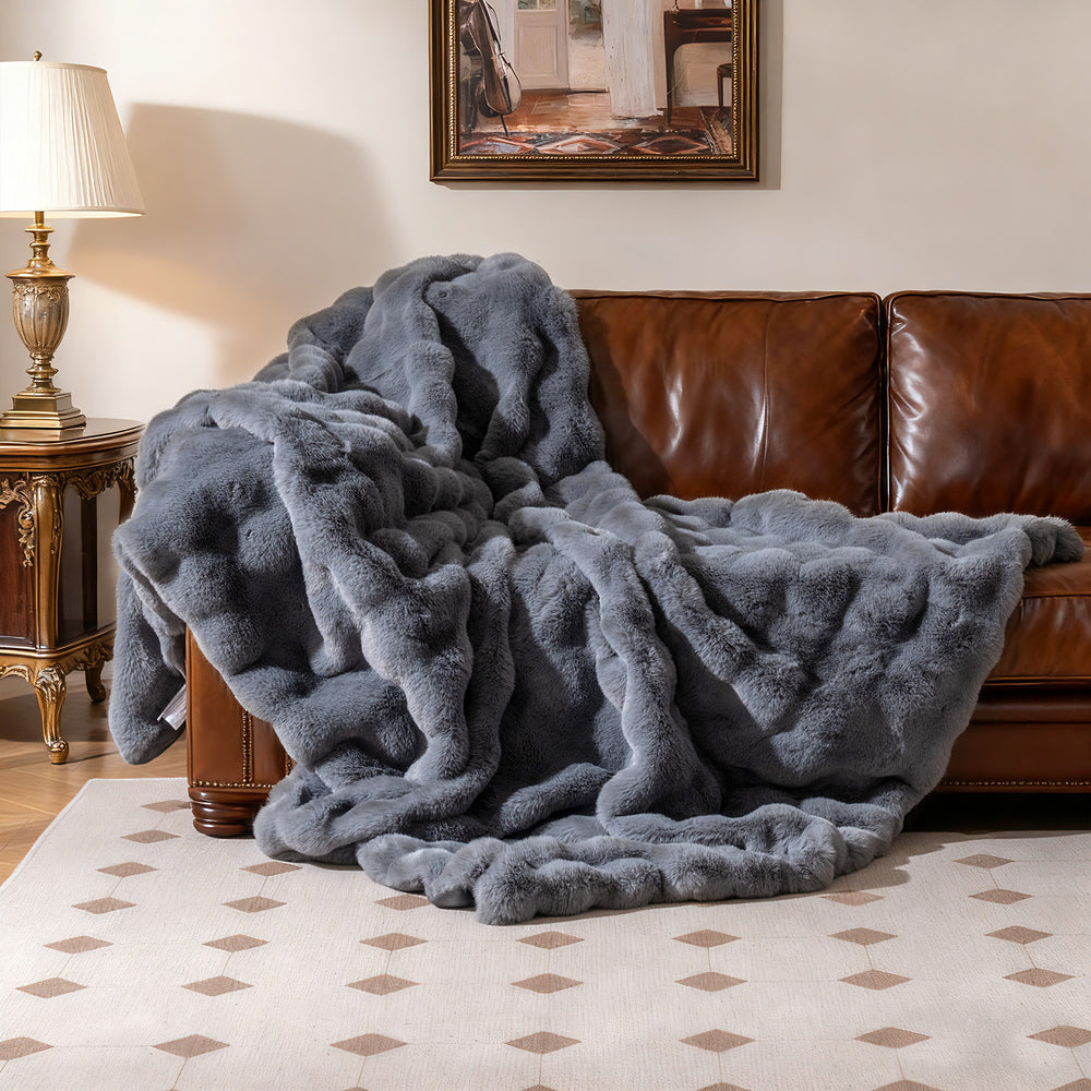 Luxury Fuzzy Plush Rabbit Fur Bubble Blanket for Armchair-Gray - Gallery View 1 of 10