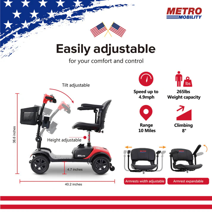 Metro Mobility M1 Lite Mobility Scooter 4-Wheel Electric 24V 12Ah 300W 4.97 MPH 10 Mile Range Manufacturer RFB