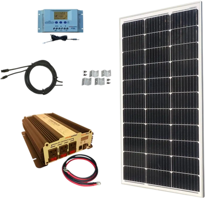 WindyNation MSPK-100W-15 Solar Panel Complete Kit 100W P30L LCD Controller with 1500W VertaMax Power Inverter for 12 Volt Battery Systems New